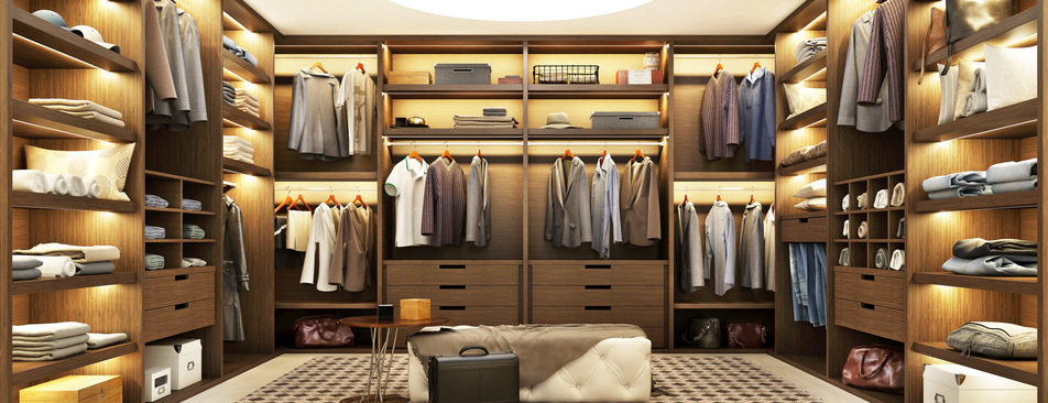 Large modern wardrobe with clothes with beautiful shelf lighting Large modern wardrobe with clothes with beautiful shelf lighting